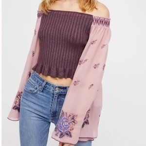Rare Free People Breaking Dawn Embroidered Ribbed Off Shoulder Top